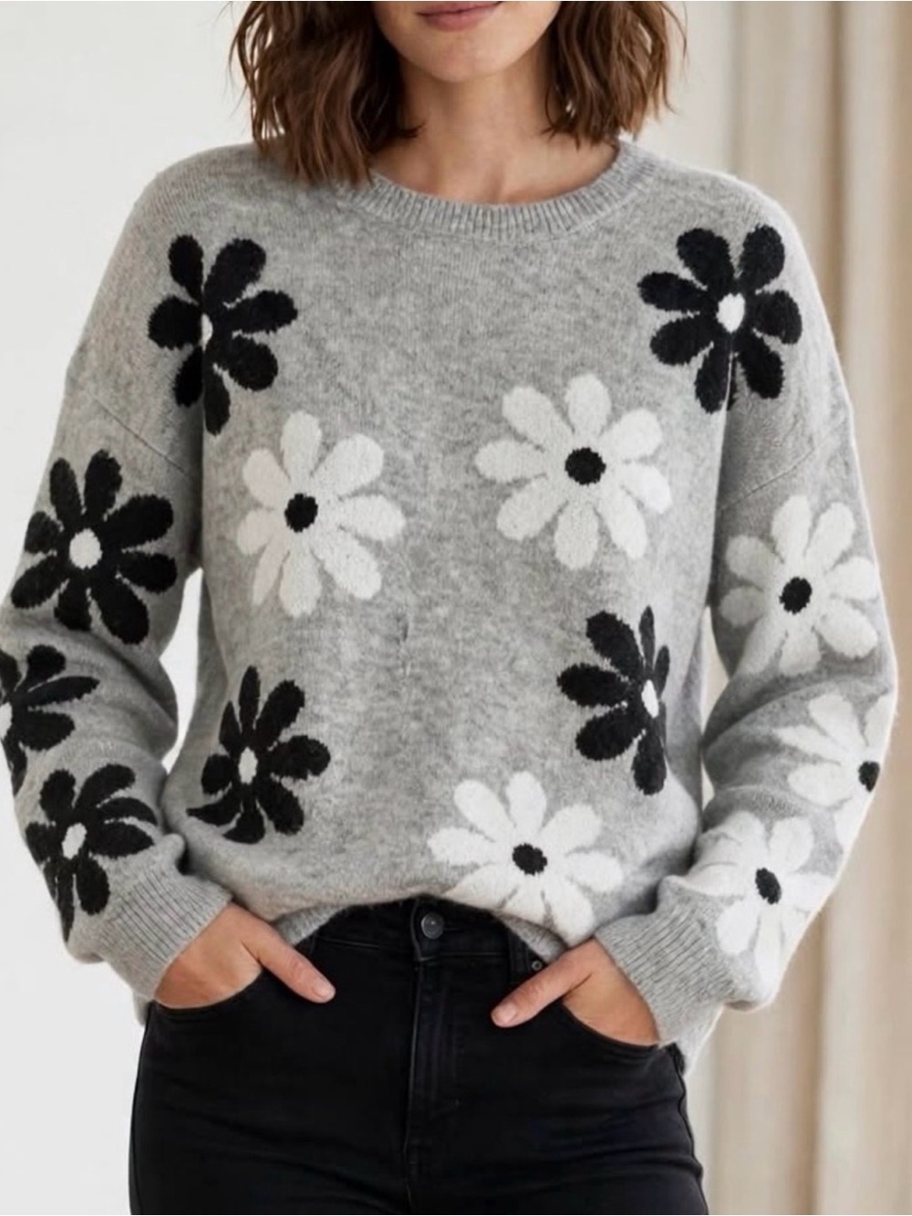 bobeau Grey Crewneck Sweater with Black & White Floral Motif